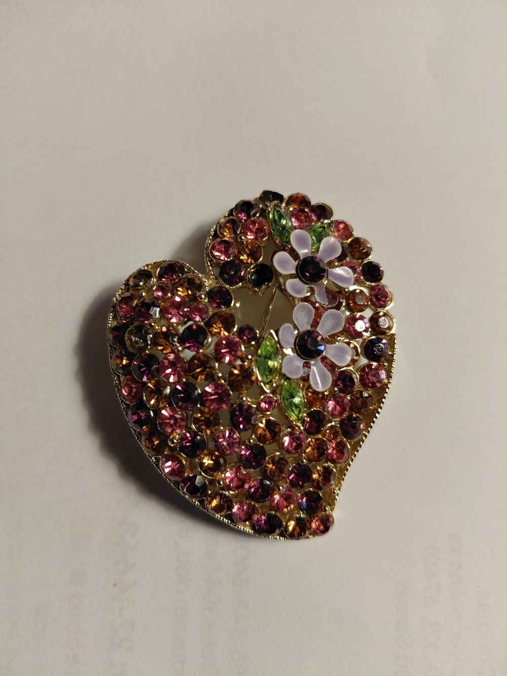 Source Unknown Gold Heart Brooch with Pink, Green & White Accents